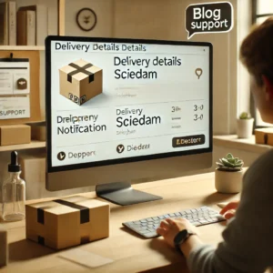 DALL·E 2024 09 15 10.20.18 A user looking at a computer screen displaying a shipment notification with a focus on delivery details in Dutch. The scene shows the person inquiring 1