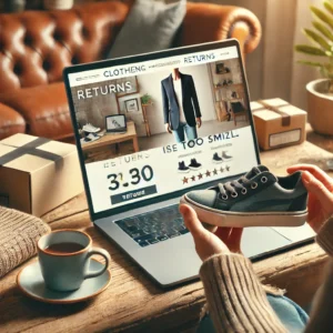 DALL·E 2024 09 15 10.34.28 A customer holding a pair of shoes that are too small while looking at a computer screen with a clothing website and information about returns visib 1