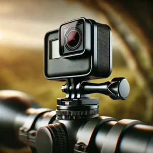 DALL·E 2024 09 15 14.20.46 A high tech image of a GoPro camera adapter bracket for outdoor scenes mounted on a scope. The image shows the sleek black aluminum design highlight 3