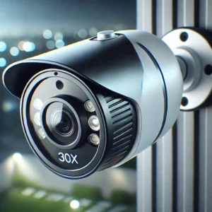 DALL·E 2024 09 15 14.24.28 A sleek modern image of an outdoor security camera with a 30X optical zoom lens and night vision capabilities. The camera should be mounted on a buil 1