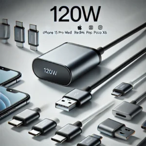 DALL·E 2024 09 16 05.40.43 A clean and modern image of a 120W USB C to Type C cable showcasing its fast charging capabilities for various devices like the iPhone 15 Pro Max Xi 1