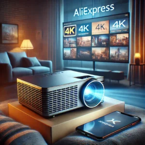 DALL·E 2024 09 16 06.27.09 An image that visually represents online shopping with a focus on a high tech portable projector such as a 4K Native Projector being showcased. The 1