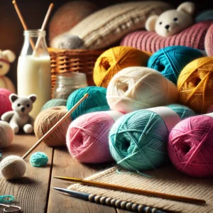 DALL·E 2024 09 16 07.04.04 An image showing colorful balls of milk cotton knitting wool yarn in a cozy crafting environment. The focus is on the yarn arranged in vibrant shades 1