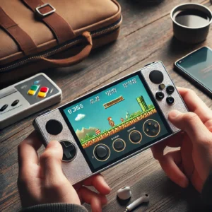 DALL·E 2024 09 16 07.06.38 An image featuring the R36S Retro Handheld Video Game Console in a minimalist setting. The console with a 3.5 inch IPS screen is shown in use playi 1