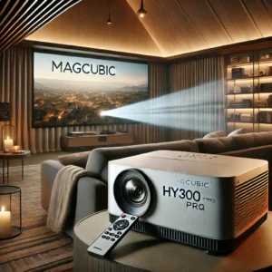 DALL·E 2024 09 16 08.07.14 An image featuring the Magcubic HY300 PRO 4K Projector in a home cinema setting showing the projector in use. The scene should include the projector 1