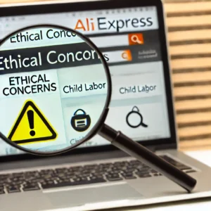 DALL·E 2024 09 22 20.39.54 A blog style image focused on ethical concerns and AliExpress. The background should feature a laptop displaying the AliExpress website with a focus o 1