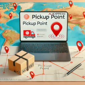 DALL·E 2024 09 22 21.06.39 A blog style image focused on AliExpress pickup points. The background should feature a map with location pins and a laptop displaying the AliExpress 1