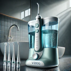 DALL·E 2024 09 26 09.02.36 A close up image of the Waterpulse V300G dental water flosser. The device should be shown in a modern bathroom setting with a clear view of its large 1
