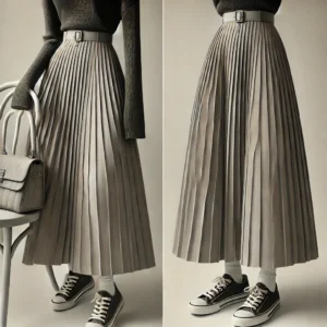 DALL·E 2024 09 26 09.52.07 A stylish and elegant image of a long pleated skirt for women in a vintage gray color. The skirt should have a high waist and a zip closure emphasizi 1