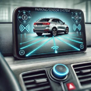 DALL·E 2024 09 26 14.44.14 An image of a cars dashboard displaying a parking sensor system with a visible LCD screen. The screen should show visual indicators of front and rear 1