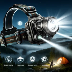 DALL·E 2024 09 26 15.23.56 An image of a powerful LED headlamp with multiple modes for outdoor activities. The headlamp should be shown with adjustable straps a durable design 1
