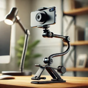 DALL·E 2024 09 26 15.29.00 An image of a flexible desk mount stand with a metal bracket capable of supporting various devices like smartphones cameras and lights. The stand s 1