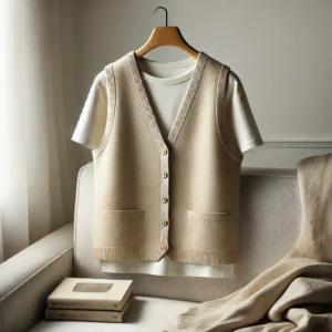 DALL·E 2024 09 26 16.03.52 An image of a simple plain colored womens vest in a casual setting. The vest should be shown over a blouse or T shirt in a neutral color like light 1