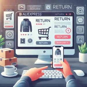 DALL·E 2024 09 27 05.22.47 An image of an online shopping return process. Show a person using a computer or smartphone with an AliExpress return page open. Include elements like 1