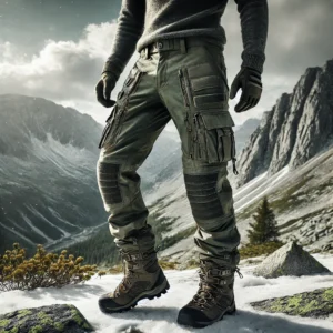 DALL·E 2024 09 27 05.41.50 A stylish image of mens waterproof winter hiking pants with multiple pockets. The pants are being worn outdoors in a rugged mountainous landscape h 1