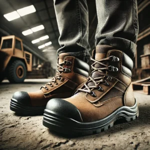 DALL·E 2024 09 27 05.47.44 A pair of rugged waterproof mens safety boots with steel toes and anti smash features showcased in an industrial setting. The boots are on a rough 1