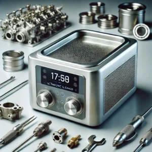DALL·E 2024 09 27 05.54.34 An image of a high quality ultrasonic cleaner in a modern clean setting with metallic finish and digital controls. The cleaner is placed on a clean 1