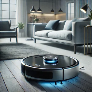 DALL·E 2024 09 27 05.57.48 A high tech image of a robotic vacuum cleaner in a modern living room setting. The vacuum should be sleek and futuristic with its docking station vis 1