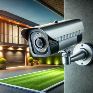 DALL·E 2024 09 27 06.37.46 An outdoor surveillance camera with a sleek design mounted on the corner of a modern building. The camera should have a visible lens and night vision 1