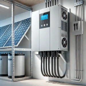 DALL·E 2024 09 27 08.21.24 An image of a modern three phase hybrid solar inverter with a sleek design mounted on a wall in a well organized utility room. The inverter should ha 1
