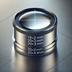 DALL·E 2024 09 27 21.17.35 A close up image of a high quality laser lens for industrial use made of fused silica material with dimensions labeled 18x2mm 20x2mm 20x3mm and 2 1
