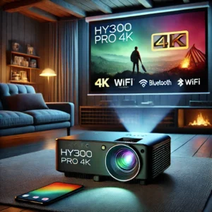 DALL·E 2024 09 30 07.05.57 A sleek modern projector in a home theater setting. The projector labeled Magcubic HY300 Pro 4K is projecting vivid high definition images onto 1