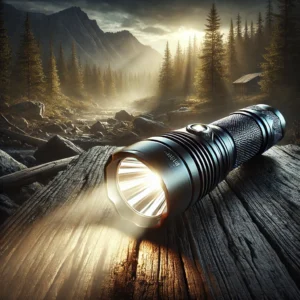 DALL·E 2024 09 30 18.48.59 A sleek high performance tactical flashlight the TrustFire T10R shining brightly in a dark outdoor environment. The flashlight is emitting a strong 1