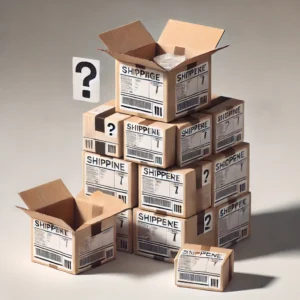 DALL·E 2024 10 01 05.17.24 A package with multiple shipping labels stacked on top of each other showing a confusing and tampered appearance and an open box next to it with no 1
