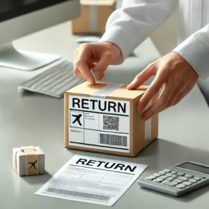DALL·E 2024 10 03 18.12.24 A small package with a return label being prepared for shipping lying on a clean desk with a computer in the background. The package has clear labeli 1