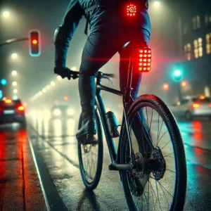 DALL·E 2024 10 05 05.36.50 A high quality image of a cyclist riding at night equipped with the ROCKBROS Smart Bike Tail Light. The bright rear light is mounted on the bicycles 1