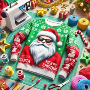 DALL·E 2024 10 06 17.10.24 Create an eye catching image for a promotional blog post featuring a casual 3D printed shirt with a Santa Claus design. The shirt is colorful and fest 1