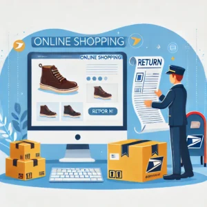 DALL·E 2024 10 07 06.33.21 An illustration depicting online shopping featuring a computer screen displaying a shoe website a package with a return label and a postal worker p 1