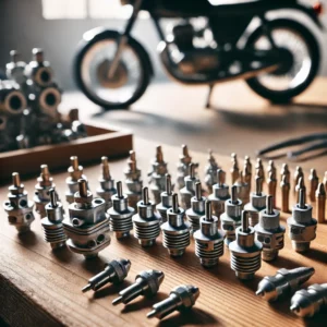 DALL·E 2024 10 08 20.14.35 A detailed image of a motorcycle carburetor jet set in a clean modern workshop. The jet pieces are small metallic and arranged neatly on a wooden w 1