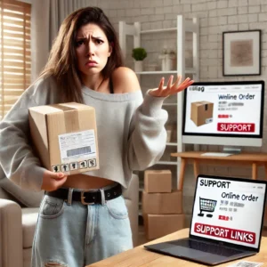 DALL·E 2024 10 08 20.36.00 A frustrated customer holding a package looking confused and disappointed with a computer screen in the background showing an online order from a Ch 1