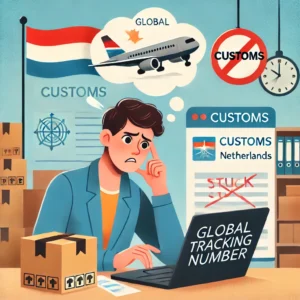DALL·E 2024 10 08 20.39.42 A person looking concerned while checking a global tracking number on a laptop with a thought bubble showing customs and a package stuck at an airpor 5