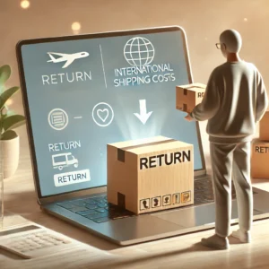 DALL·E 2024 10 10 06.36.19 A person standing in front of a laptop screen showing a return process for an online order. The scene shows a clear package with a return label being 1