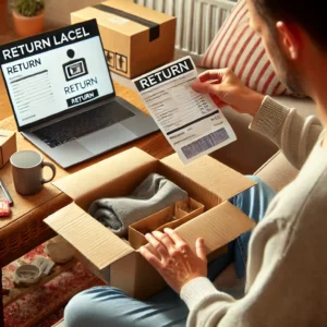 DALL·E 2024 10 10 06.40.56 A customer at home carefully repacking an online order in its original box for return with a concerned look on their face. Nearby their laptop scre 1