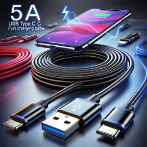 DALL·E 2024 10 12 21.48.57 A high quality image of a 5A USB Type C fast charging cable. The cable should be shown in various colors such as red black blue and purple. Displa 1