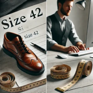 DALL·E 2024 10 13 20.43.09 A neutral image showing a pair of shoes size 42 with a ruler or measuring tape beside them to emphasize incorrect sizing accompanied by a calm pro 1