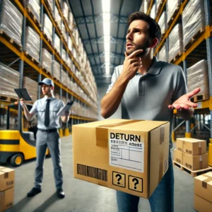 DALL·E 2024 10 14 05.03.49 A package being delivered by a courier with a warehouse background. The package is labeled with a return address but it is being mistakenly delivere 1