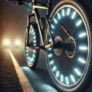 DALL·E 2024 10 14 06.12.23 A set of reflective bike spoke lights attached to the wheels of a mountain bike glowing brightly in the night as the bike moves on a dark road. The b 1