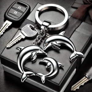DALL·E 2024 10 14 21.03.34 A stylish keychain featuring double dolphins in a silver color with a sleek and modern design suitable for men. The keychain is attached to a car key 1