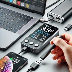 DALL·E 2024 10 16 08.29.15 A digital product review scene showing a Type C digital voltage and current tester being used to measure the charging power of a smartphone. The teste 1