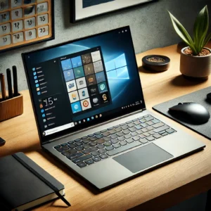 DALL·E 2024 10 20 05.28.40 A sleek 15.6 inch Ninkear N15 Air laptop on a modern office desk setup. The laptop has a clean minimal design with a 1080p IPS display a backlit key 1