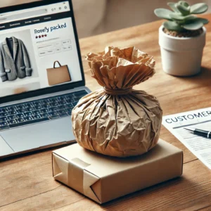 DALL·E 2024 10 20 08.49.58 A poorly packed item from a fashion store in a wrinkled compact package placed on a table with a laptop nearby showing a customer service page. The 1