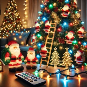 DALL·E 2024 10 21 05.59.07 A festive scene featuring colorful LED Christmas lights arranged on a tree with Santa Claus figures climbing a decorative ladder. The lights glow sof 1