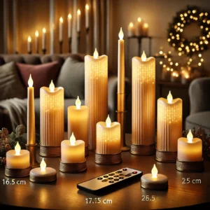 DALL·E 2024 10 21 07.49.20 A set of flameless LED candles in warm light displayed on a table in a cozy room showing different sizes of taper candles 16.5 cm 17.5 cm 25.5 cm 1