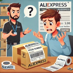 DALL·E 2024 10 22 07.43.34 A confused customer holding a package with a label showing an incorrect house number. The package is from AliExpress and the customer is visibly conc 1