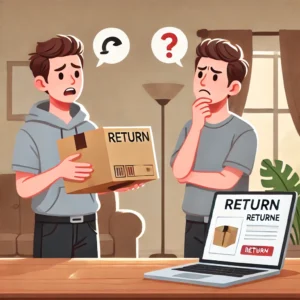 DALL·E 2024 10 22 07.49.46 A customer holding a package while looking at it with a confused expression wondering how to return it. The scene shows a simple home background with 1