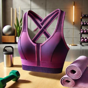 DALL·E 2024 10 22 20.13.43 A vibrant image showcasing a stylish backless sports bra in Dragon fruit purple color placed against a modern gym environment. The sports bra feature 1